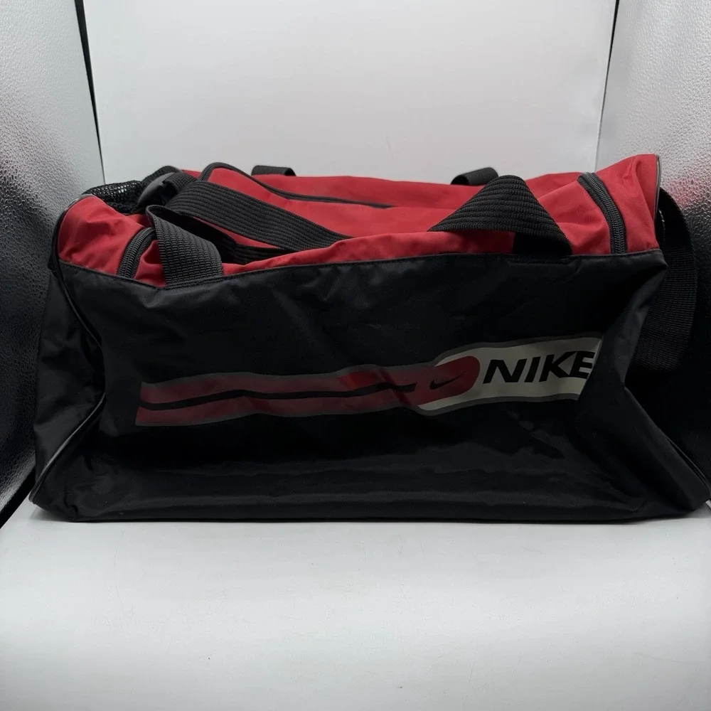 Rare Vintage 90s NIKE Duffle Bag Red Black Spellout Swoosh Retro Gym Travel
